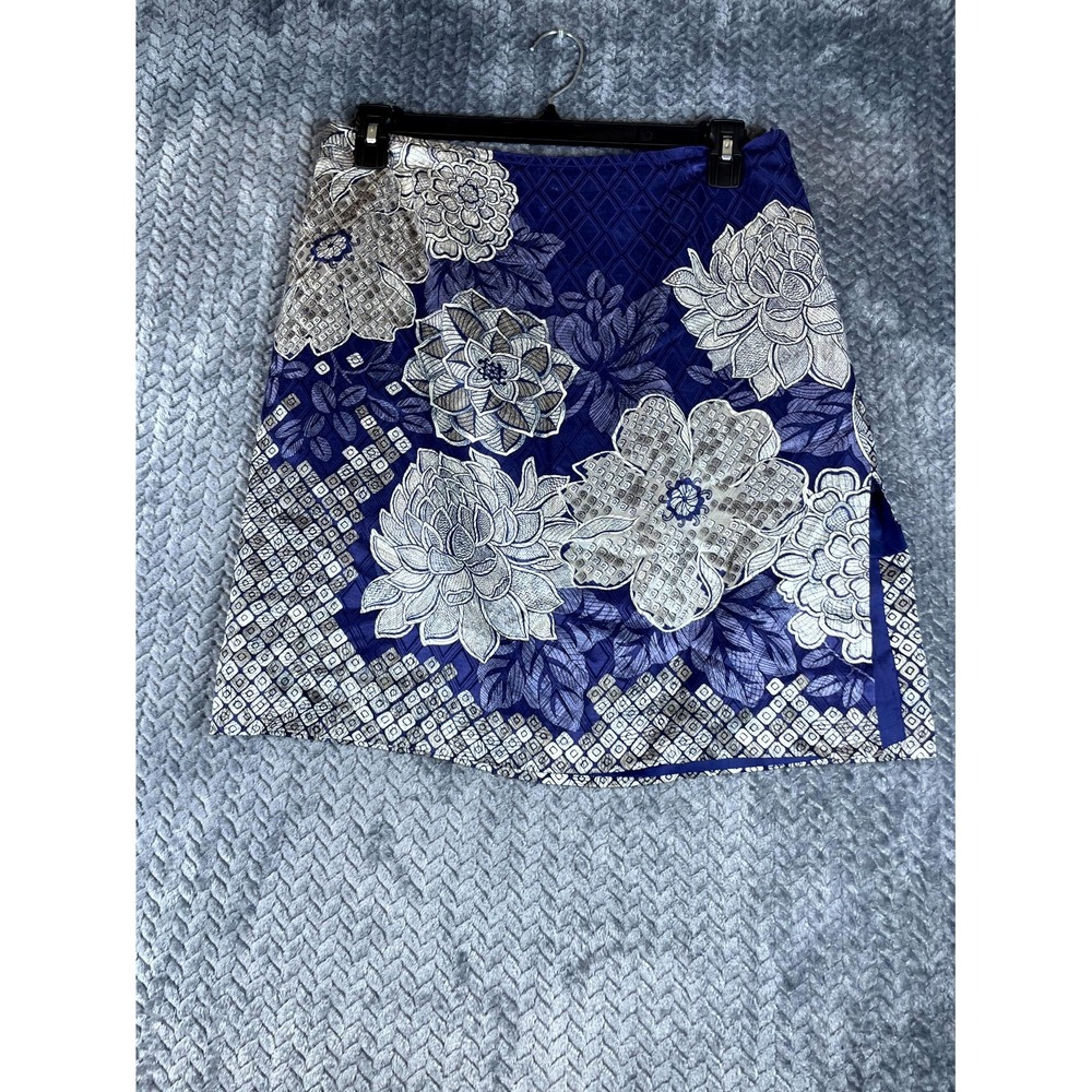 Talbots Skirt Womens 12 Petite Blue Gray Floral Silk Brocade Career Boho Chic
